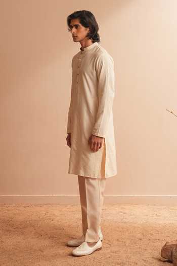 Shop_Shreyansh Designs_Beige Silk, Cotton Iver Kurta And Pant Set _Online_at_Aza_Fashions
