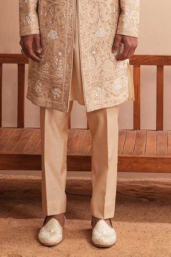 Shreyansh Designs_Beige Silk, Dupion Viserys Floral Embroidered Sherwani Set _Online_at_Aza_Fashions