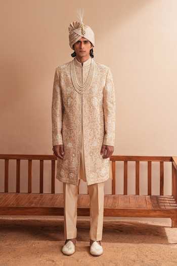 Buy_Shreyansh Designs_Beige Silk, Dupion Viserys Floral Embroidered Sherwani Set _Online_at_Aza_Fashions