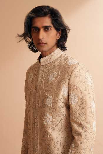 Shop_Shreyansh Designs_Beige Silk, Dupion Viserys Floral Embroidered Sherwani Set _Online_at_Aza_Fashions