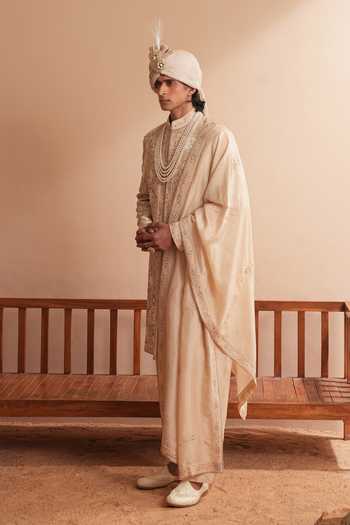 Shreyansh Designs_Beige Silk, Dupion Viserys Floral Embroidered Sherwani Set _at_Aza_Fashions