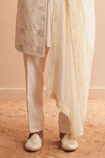 Buy_Shreyansh Designs_White Silk, Dupion Vladimir Ornate Floral Embroidered Sherwani Set _Online_at_Aza_Fashions