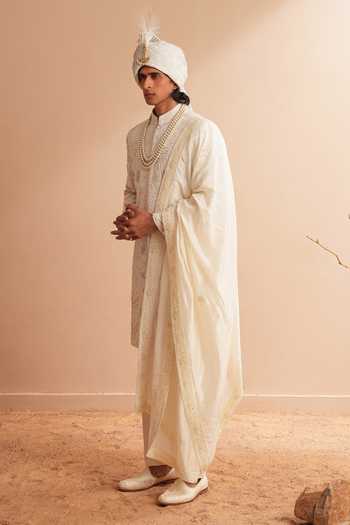 Shop_Shreyansh Designs_White Silk, Dupion Vladimir Ornate Floral Embroidered Sherwani Set _Online_at_Aza_Fashions