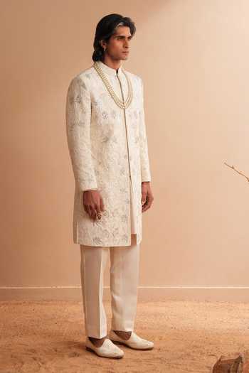 Shreyansh Designs_White Silk, Dupion Vladimir Ornate Floral Embroidered Sherwani Set _at_Aza_Fashions