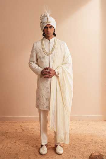 Buy_Shreyansh Designs_White Silk, Dupion Vladimir Ornate Floral Embroidered Sherwani Set 