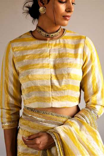 Shorshe Clothing_White Handloom Cotton Zari Round Neck Tissue Stripe Pattern Blouse _Online_at_Aza_Fashions