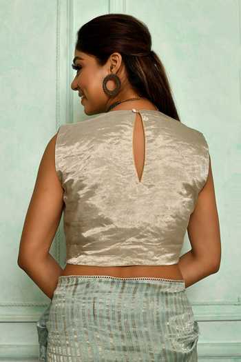 Pranay Baidya_Silver Tissue, Lining Cotton Silk Round Woven Princess Cut Blouse _Online_at_Aza_Fashions