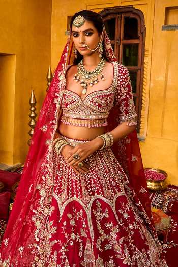 Buy_House of ayra_Burgundy Silk, Net Embroidery, Zari, Tassels, Rosewood Bridal Lehenga Set _Online_at_Aza_Fashions