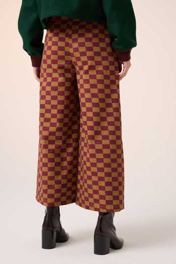 Cord Maroon Chequered Wide Leg Pant