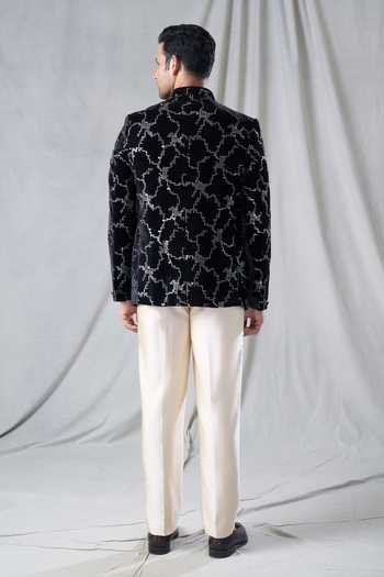 Arihant Rai Sinha Black Velvet, Terrycloth Sequins Embroidered Bandhgala And Pant Set  2