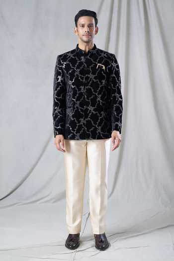 Arihant Rai Sinha Black Velvet, Terrycloth Sequins Embroidered Bandhgala And Pant Set  8