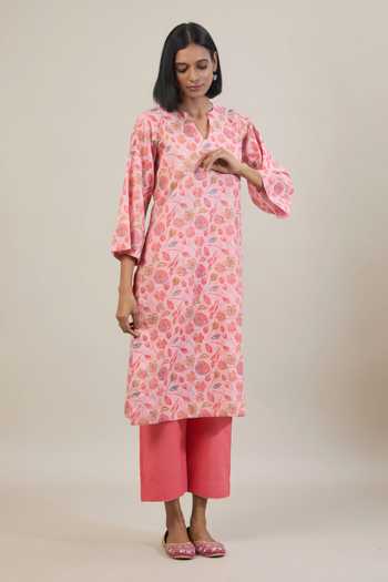 Buy_Tuli_Peach Cotton, Kota Doria Niyam Floral Print Kurta Set _Online_at_Aza_Fashions