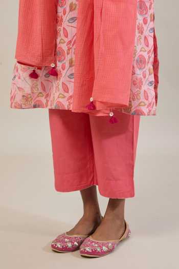 Shop_Tuli_Peach Cotton, Kota Doria Niyam Floral Print Kurta Set _Online_at_Aza_Fashions