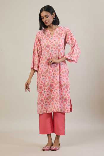 Tuli_Peach Cotton, Kota Doria Niyam Floral Print Kurta Set _at_Aza_Fashions