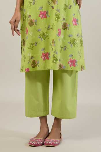 Tuli_Green Cotton, Kota Doria V-neck Tana Floral Print Kurta Set _at_Aza_Fashions