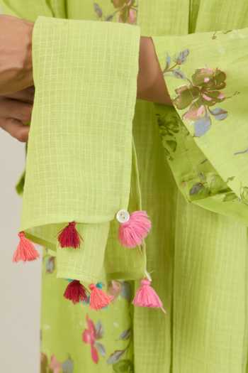 Shop_Tuli_Green Cotton, Kota Doria V-neck Tana Floral Print Kurta Set 