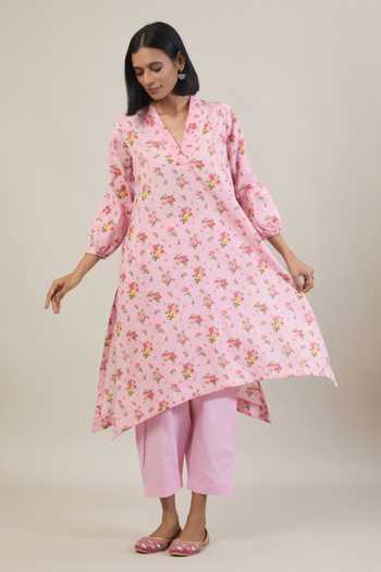 Buy Tuli Pink Cotton V-neck, Yes Bana Floral Print Kurta With Pant Online at Aza Fashions Buy_Tuli_Pink Cotton V-neck, Yes Bana Floral Print Kurta With Pant _Online_at_Aza_Fashions