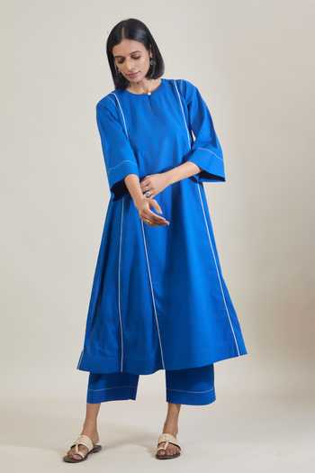 Tuli_Blue Cotton Round , Keyhole Amber Straight Kurta Set _at_Aza_Fashions