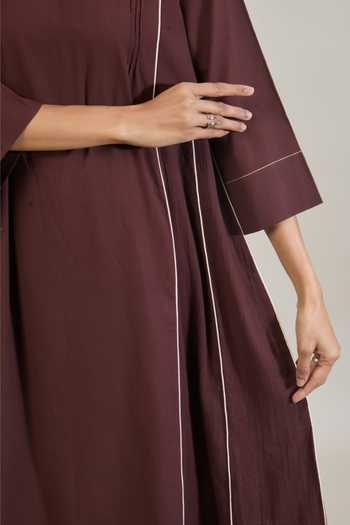 Tuli_Brown Cotton Round Neck, Keyhole Neck, Yes Roop Thread Work Kurta And Pant Set _at_Aza_Fashions