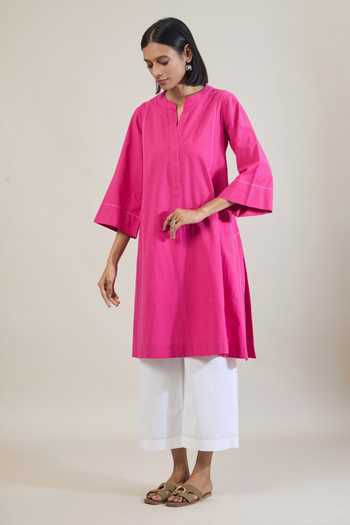 Buy Tuli Pink Cotton Split V-neck, Yes Saar Thread Work Straight Kurta And Pant Set Online at Aza Fashions Buy_Tuli_Pink Cotton Split V-neck, Yes Saar Thread Work Straight Kurta And Pant Set _Online_at_Aza_Fashions