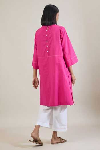 Shop Tuli Pink Cotton Split V-neck, Yes Saar Thread Work Straight Kurta And Pant Set at Aza Fashions Shop_Tuli_Pink Cotton Split V-neck, Yes Saar Thread Work Straight Kurta And Pant Set _at_Aza_Fashions