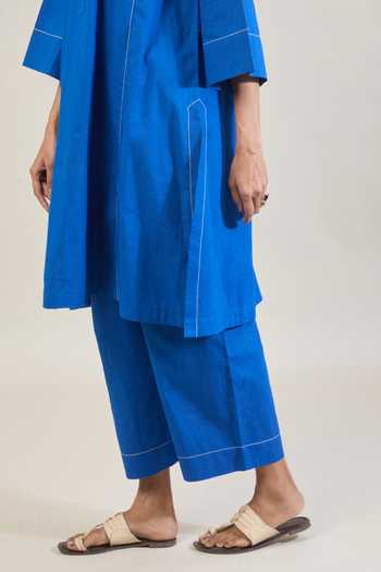 Tuli_Blue Cotton Mandarin Collar, Split V-neck Mool Thread Work Kurta And Pant Set _Online_at_Aza_Fashions