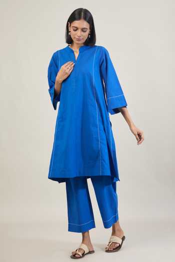 Buy_Tuli_Blue Cotton Mandarin Collar, Split V-neck Mool Thread Work Kurta And Pant Set _Online_at_Aza_Fashions