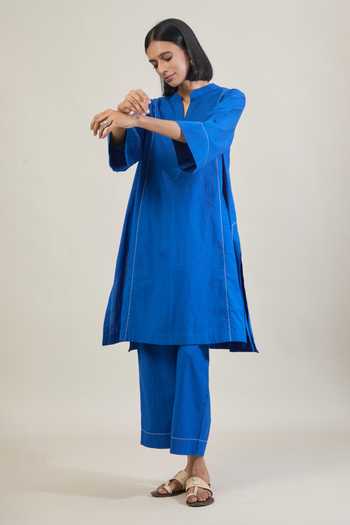 Shop_Tuli_Blue Cotton Mandarin Collar, Split V-neck Mool Thread Work Kurta And Pant Set _Online_at_Aza_Fashions
