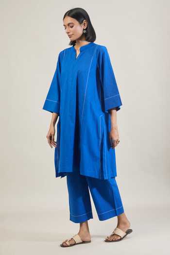 Buy_Tuli_Blue Cotton Mandarin Collar, Split V-neck Mool Thread Work Kurta And Pant Set 