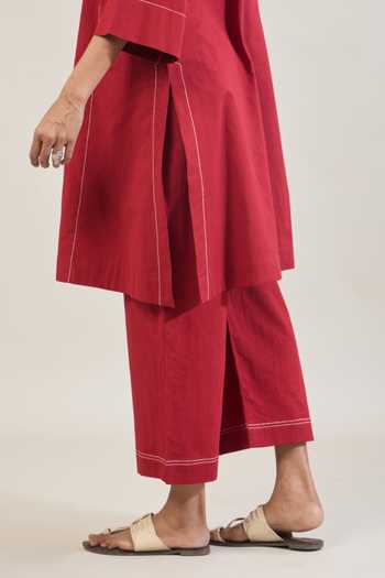 Tuli Red Cotton Split V-neck Udaan Thread Work Kurta And Pant Set at Aza Fashions Tuli_Red Cotton Split V-neck Udaan Thread Work Kurta And Pant Set _at_Aza_Fashions