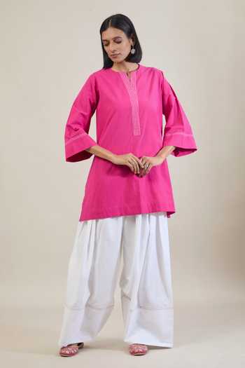 Tuli Pink Cotton, Kota Doria Round Neck Arka Thread Work Kurta And Salwar Set at Aza Fashions Tuli_Pink Cotton, Kota Doria Round Neck Arka Thread Work Kurta And Salwar Set _at_Aza_Fashions