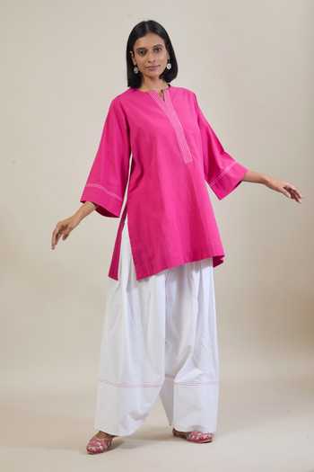 Shop Tuli Pink Cotton, Kota Doria Round Neck Arka Thread Work Kurta And Salwar Set Shop_Tuli_Pink Cotton, Kota Doria Round Neck Arka Thread Work Kurta And Salwar Set