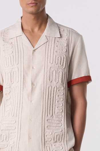 Line Out Line_Off White Linen Carved Camp Shirt _Online_at_Aza_Fashions