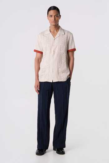 Shop_Line Out Line_Off White Linen Carved Camp Shirt _Online_at_Aza_Fashions