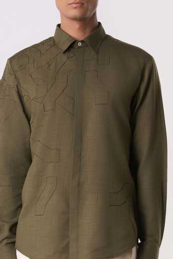 Line Out Line_Olive Green Cotton Fragmented Embroidered Shirt _Online_at_Aza_Fashions