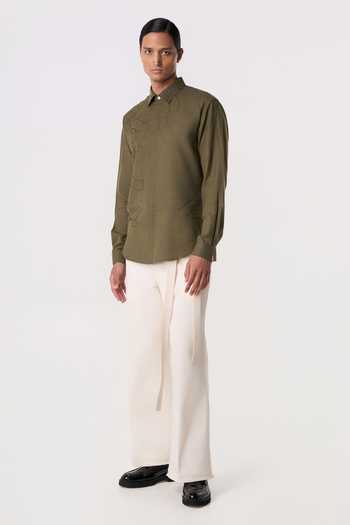 Buy_Line Out Line_Olive Green Cotton Fragmented Embroidered Shirt _Online_at_Aza_Fashions