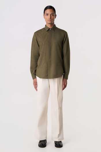 Shop_Line Out Line_Olive Green Cotton Fragmented Embroidered Shirt _Online_at_Aza_Fashions