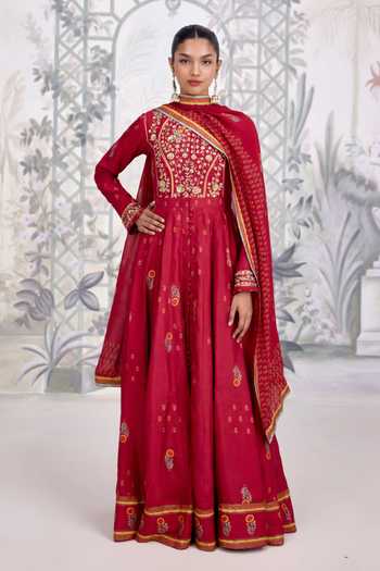 Shyam Narayan Prasad Maroon Silk, Georgette Choker Neck Zardozi Embroidered Anarkali Set Online at Aza Fashions Shyam Narayan Prasad_Maroon Silk, Georgette Choker Neck Zardozi Embroidered Anarkali Set _Online_at_Aza_Fashions