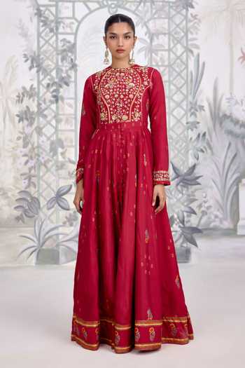Buy Shyam Narayan Prasad Maroon Silk, Georgette Choker Neck Zardozi Embroidered Anarkali Set Online at Aza Fashions Buy_Shyam Narayan Prasad_Maroon Silk, Georgette Choker Neck Zardozi Embroidered Anarkali Set _Online_at_Aza_Fashions