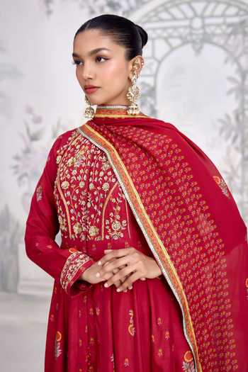 Shyam Narayan Prasad Maroon Silk, Georgette Choker Neck Zardozi Embroidered Anarkali Set at Aza Fashions Shyam Narayan Prasad_Maroon Silk, Georgette Choker Neck Zardozi Embroidered Anarkali Set _at_Aza_Fashions