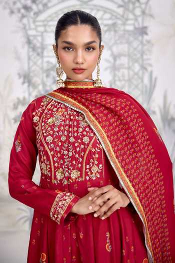 Buy Shyam Narayan Prasad Maroon Silk, Georgette Choker Neck Zardozi Embroidered Anarkali Set Buy_Shyam Narayan Prasad_Maroon Silk, Georgette Choker Neck Zardozi Embroidered Anarkali Set