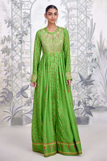 Shyam Narayan Prasad Green Silk, Georgette Round Neck Zardozi Embroidered Bodice Anarkali Set Online at Aza Fashions Shyam Narayan Prasad_Green Silk, Georgette Round Neck Zardozi Embroidered Bodice Anarkali Set _Online_at_Aza_Fashions