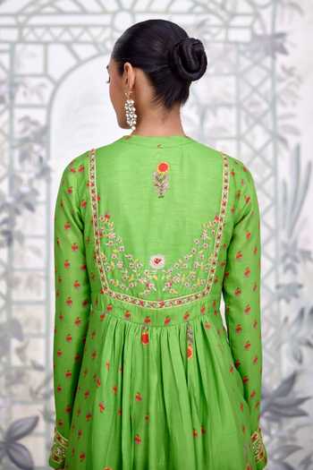 Buy Shyam Narayan Prasad Green Silk, Georgette Round Neck Zardozi Embroidered Bodice Anarkali Set Online at Aza Fashions Buy_Shyam Narayan Prasad_Green Silk, Georgette Round Neck Zardozi Embroidered Bodice Anarkali Set _Online_at_Aza_Fashions