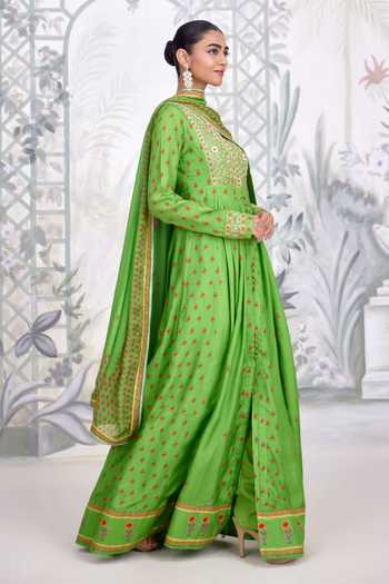 Shop Shyam Narayan Prasad Green Silk, Georgette Round Neck Zardozi Embroidered Bodice Anarkali Set Online at Aza Fashions Shop_Shyam Narayan Prasad_Green Silk, Georgette Round Neck Zardozi Embroidered Bodice Anarkali Set _Online_at_Aza_Fashions