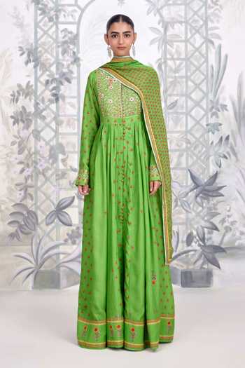 Shyam Narayan Prasad Green Silk, Georgette Round Neck Zardozi Embroidered Bodice Anarkali Set at Aza Fashions Shyam Narayan Prasad_Green Silk, Georgette Round Neck Zardozi Embroidered Bodice Anarkali Set _at_Aza_Fashions