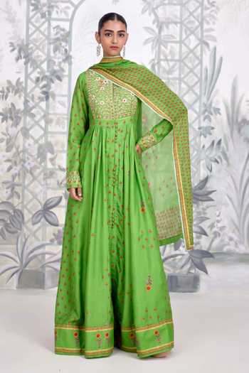 Buy Shyam Narayan Prasad Green Silk, Georgette Round Neck Zardozi Embroidered Bodice Anarkali Set Buy_Shyam Narayan Prasad_Green Silk, Georgette Round Neck Zardozi Embroidered Bodice Anarkali Set