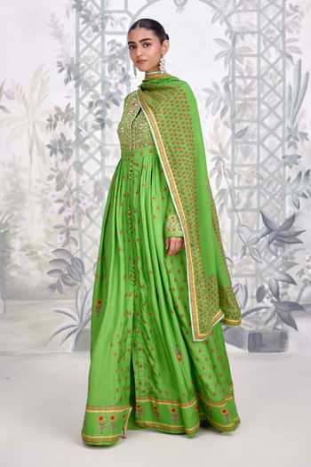 Shop Shyam Narayan Prasad Green Silk, Georgette Round Neck Zardozi Embroidered Bodice Anarkali Set Shop_Shyam Narayan Prasad_Green Silk, Georgette Round Neck Zardozi Embroidered Bodice Anarkali Set
