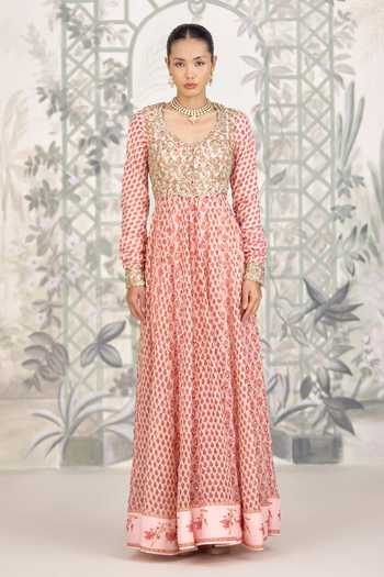 Shyam Narayan Prasad Pink Silk, Georgette V-neck Zardozi Hand Block Print Anarkali Set Online at Aza Fashions Shyam Narayan Prasad_Pink Silk, Georgette V-neck Zardozi Hand Block Print Anarkali Set _Online_at_Aza_Fashions