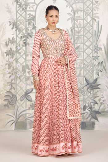 Buy Shyam Narayan Prasad Pink Silk, Georgette V-neck Zardozi Hand Block Print Anarkali Set Online at Aza Fashions Buy_Shyam Narayan Prasad_Pink Silk, Georgette V-neck Zardozi Hand Block Print Anarkali Set _Online_at_Aza_Fashions