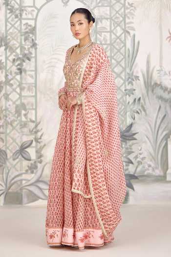 Shop Shyam Narayan Prasad Pink Silk, Georgette V-neck Zardozi Hand Block Print Anarkali Set Online at Aza Fashions Shop_Shyam Narayan Prasad_Pink Silk, Georgette V-neck Zardozi Hand Block Print Anarkali Set _Online_at_Aza_Fashions